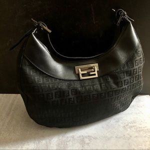 Fendi Logo Zucchini Clip Hobo Black Bag